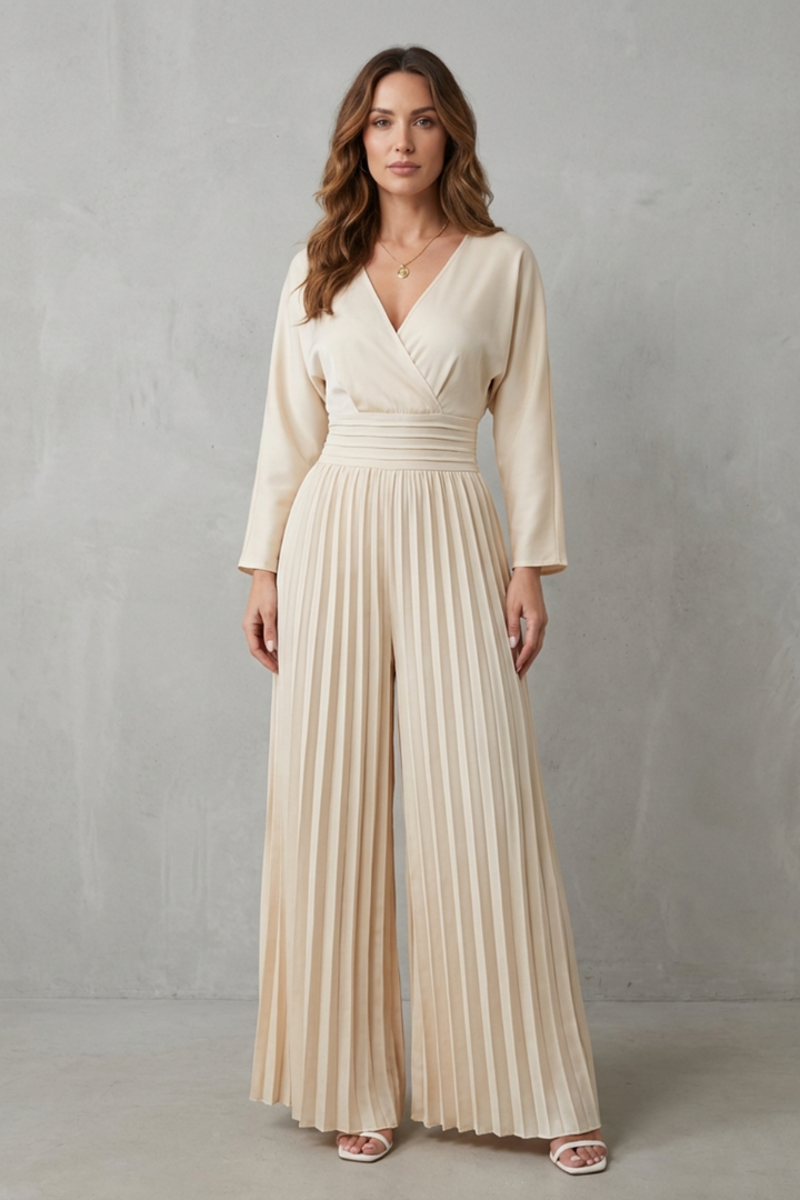 Women's Pleated Wide Leg Jumpsuit with Balloon Sleeves - Jorienne