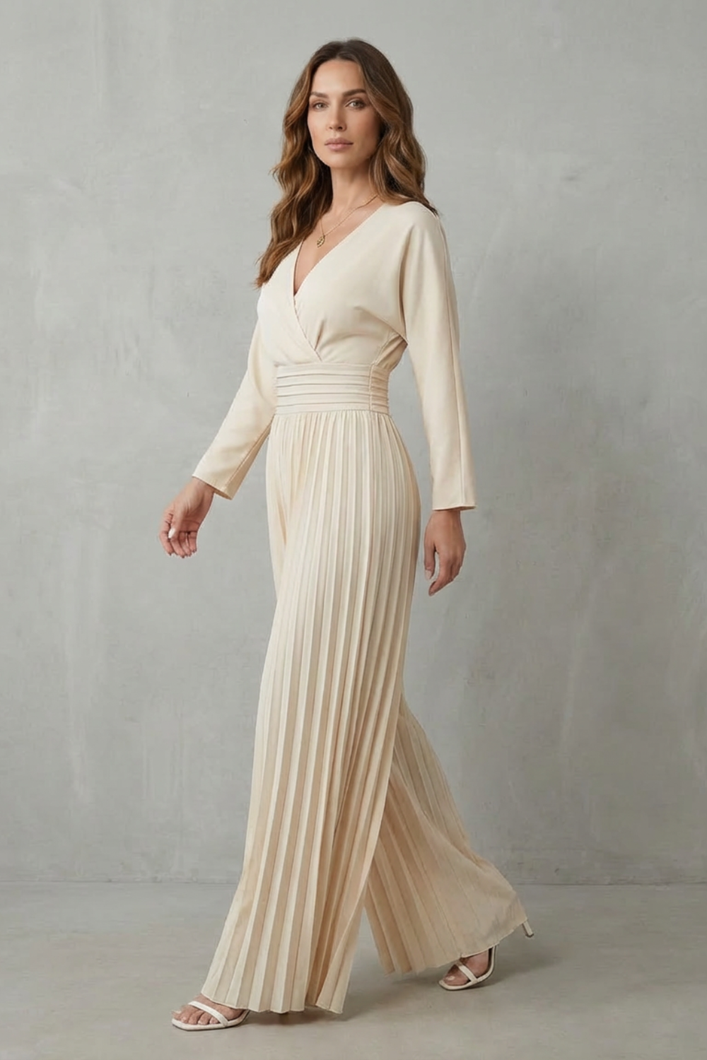 Women's Pleated Wide Leg Jumpsuit with Balloon Sleeves - Jorienne