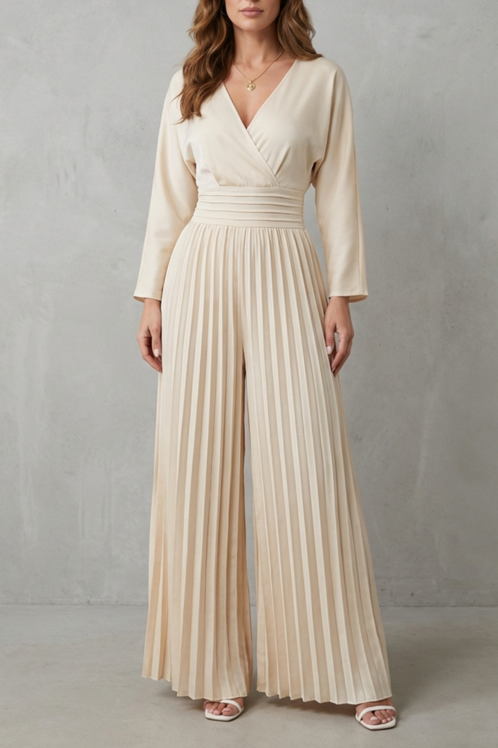 Women's Pleated Wide Leg Jumpsuit with Balloon Sleeves - Jorienne