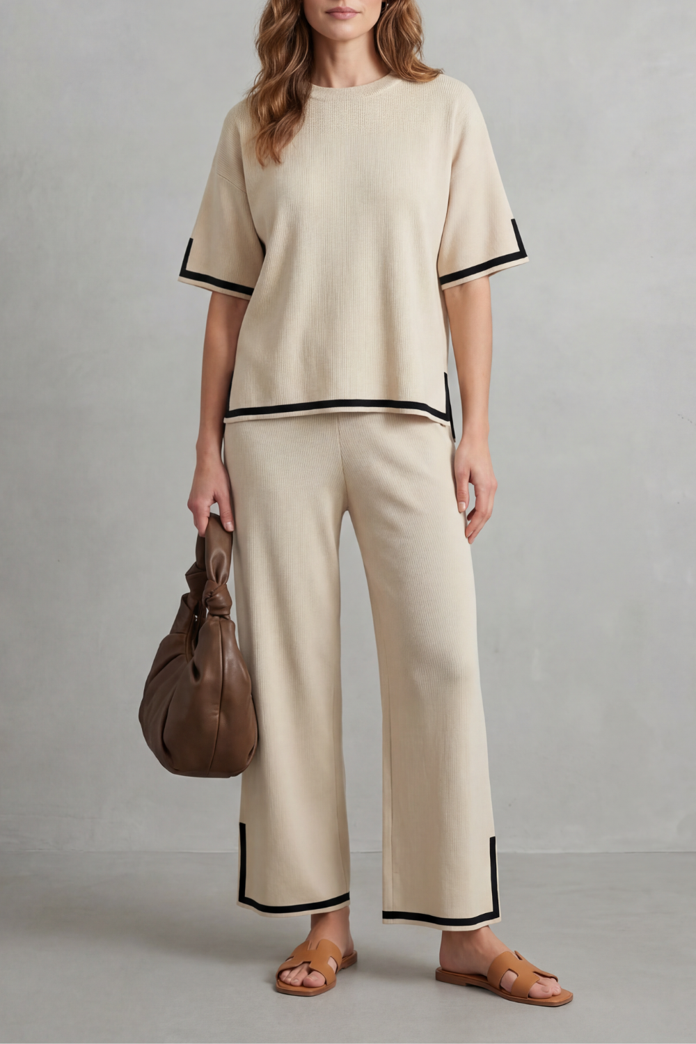 Women's Contrast Trim Knit Top and Trouser Co-ord Set - Elyssande
