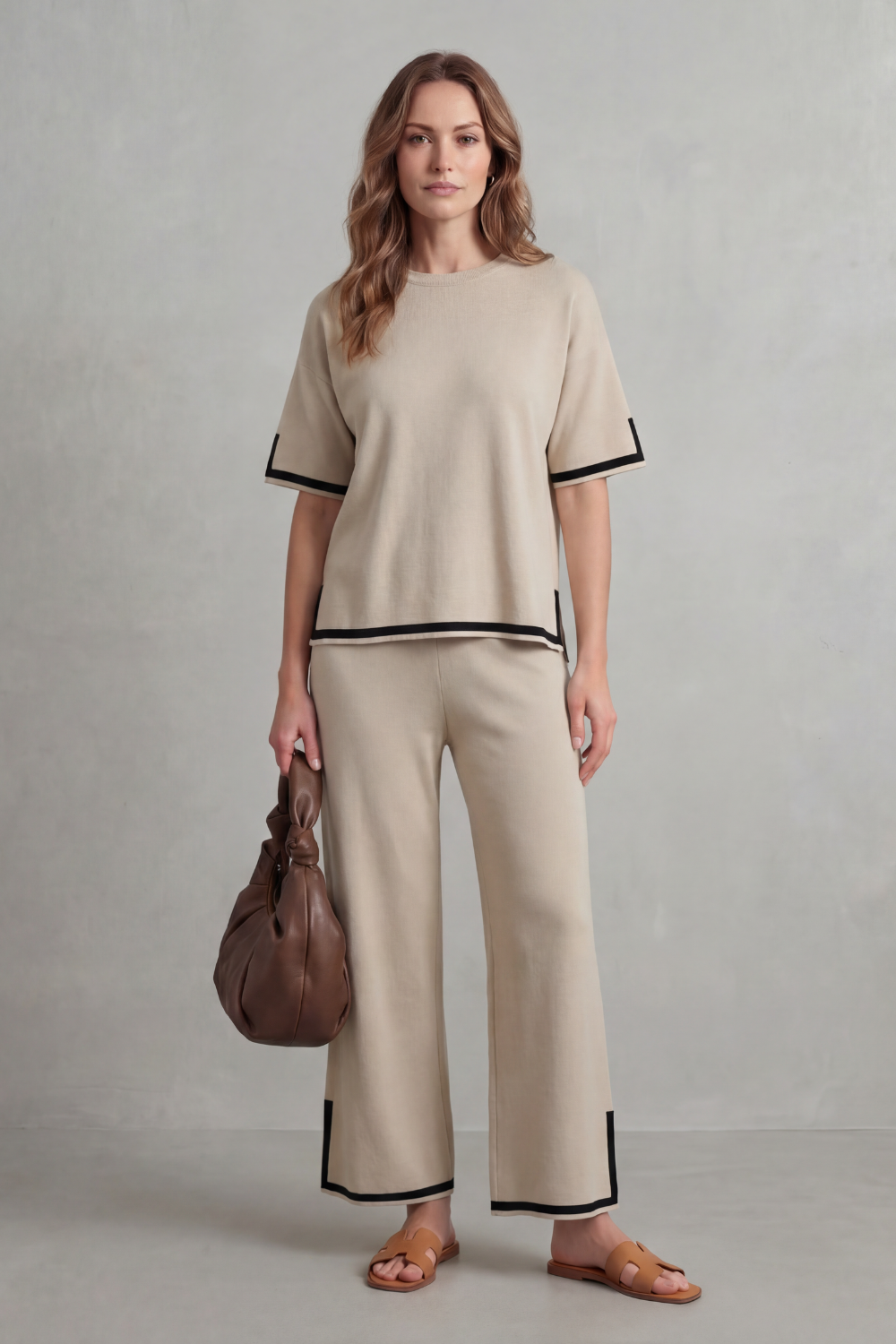 Women's Contrast Trim Knit Top and Trouser Co-ord Set - Elyssande