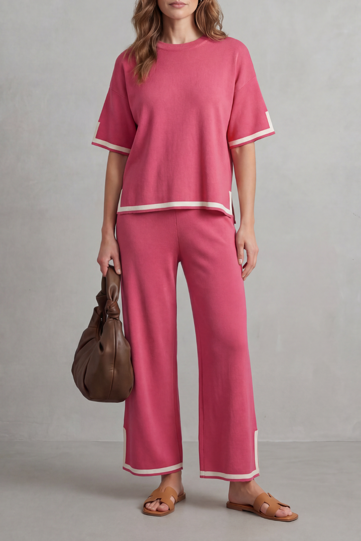 Women's Contrast Trim Knit Top and Trouser Co-ord Set - Elyssande