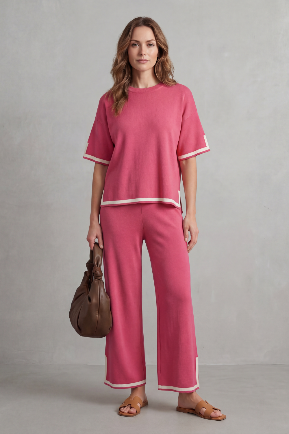Women's Contrast Trim Knit Top and Trouser Co-ord Set - Elyssande