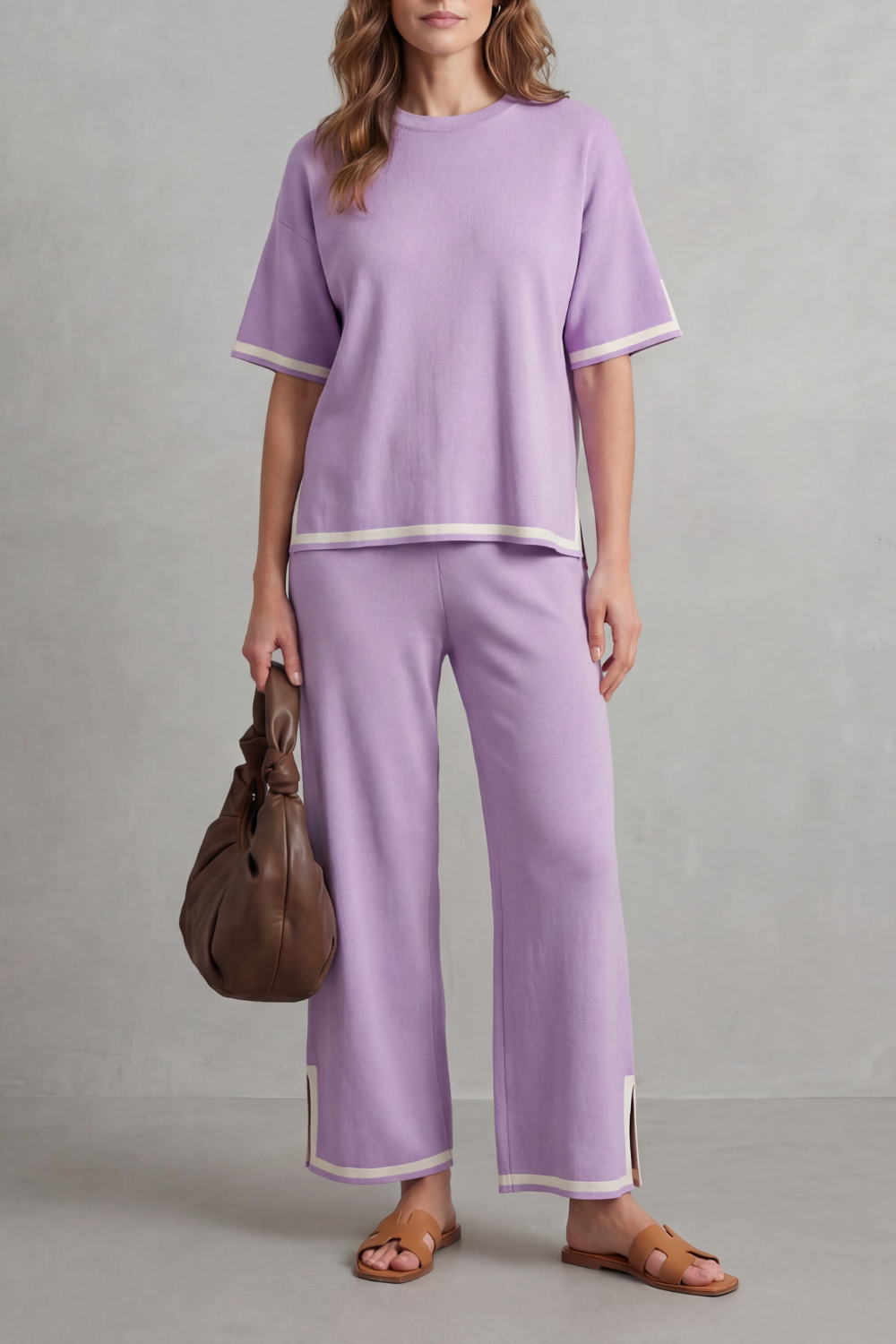 Women's Contrast Trim Knit Top and Trouser Co-ord Set - Elyssande