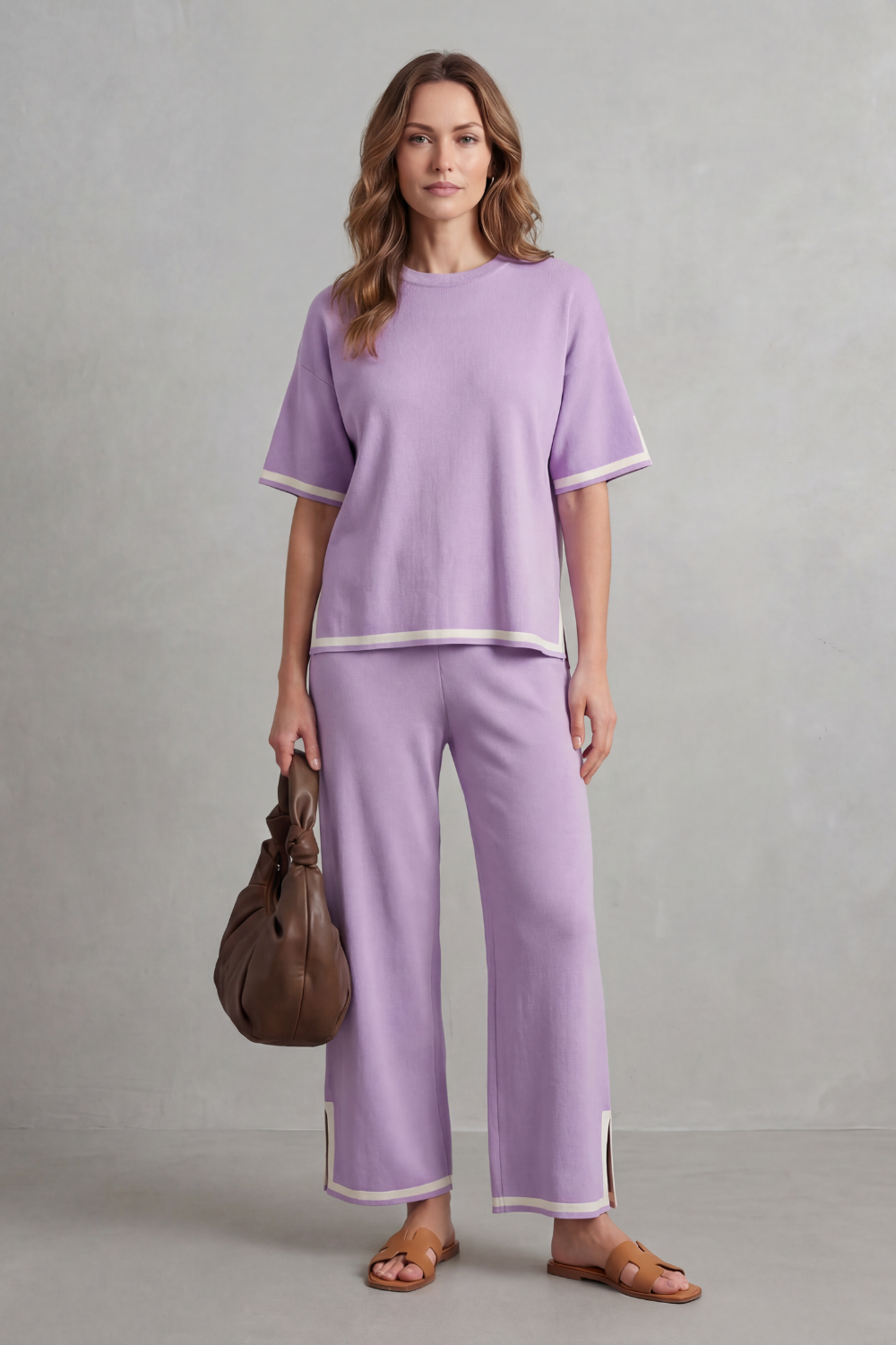 Women's Contrast Trim Knit Top and Trouser Co-ord Set - Elyssande
