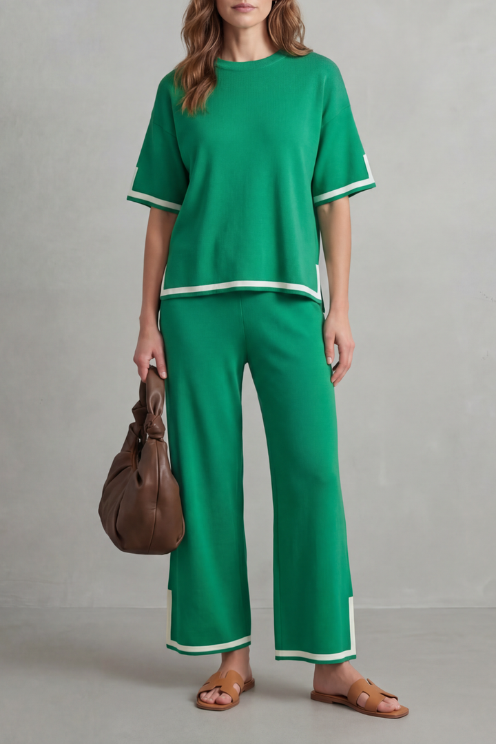 Women's Contrast Trim Knit Top and Trouser Co-ord Set - Elyssande