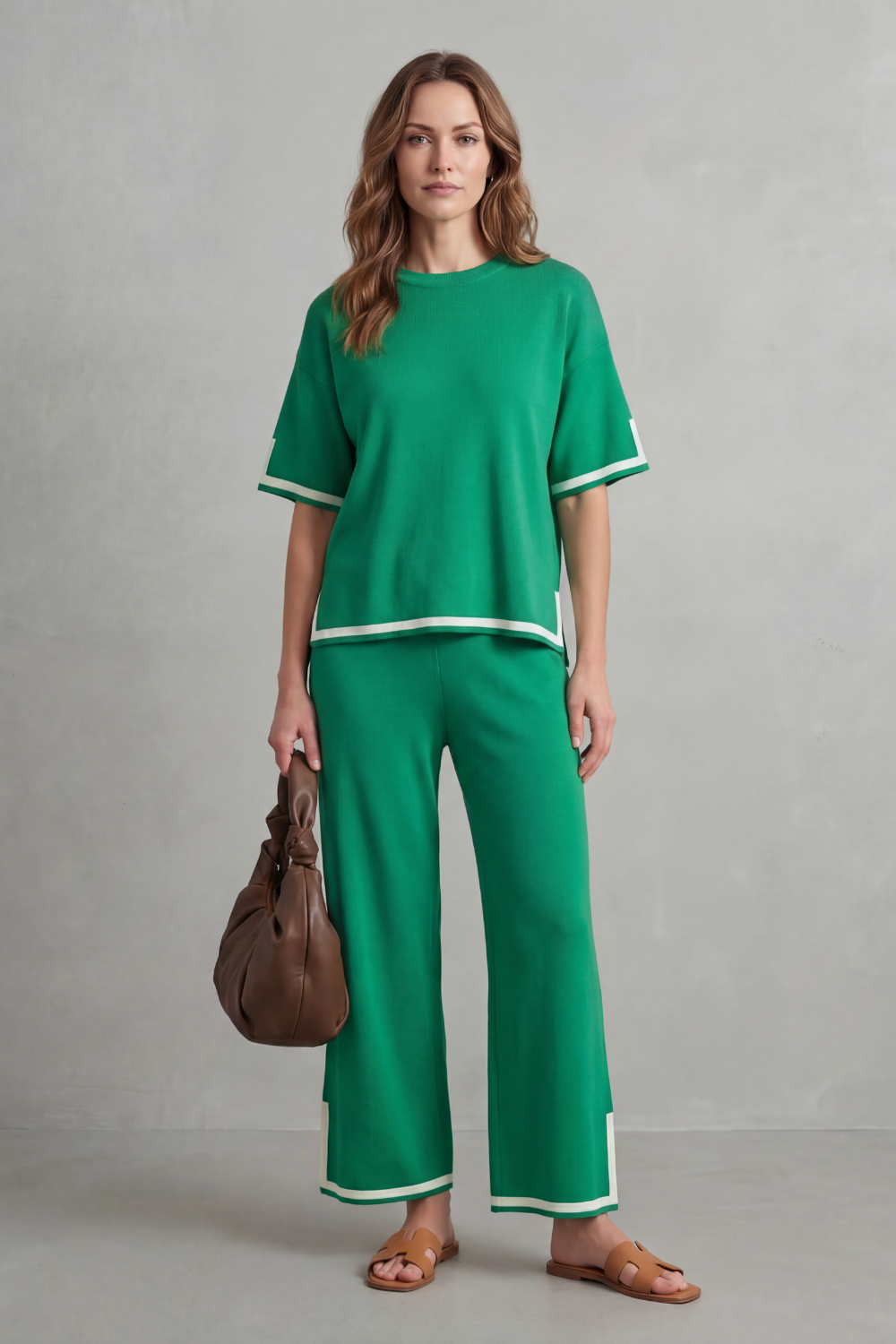 Women's Contrast Trim Knit Top and Trouser Co-ord Set - Elyssande