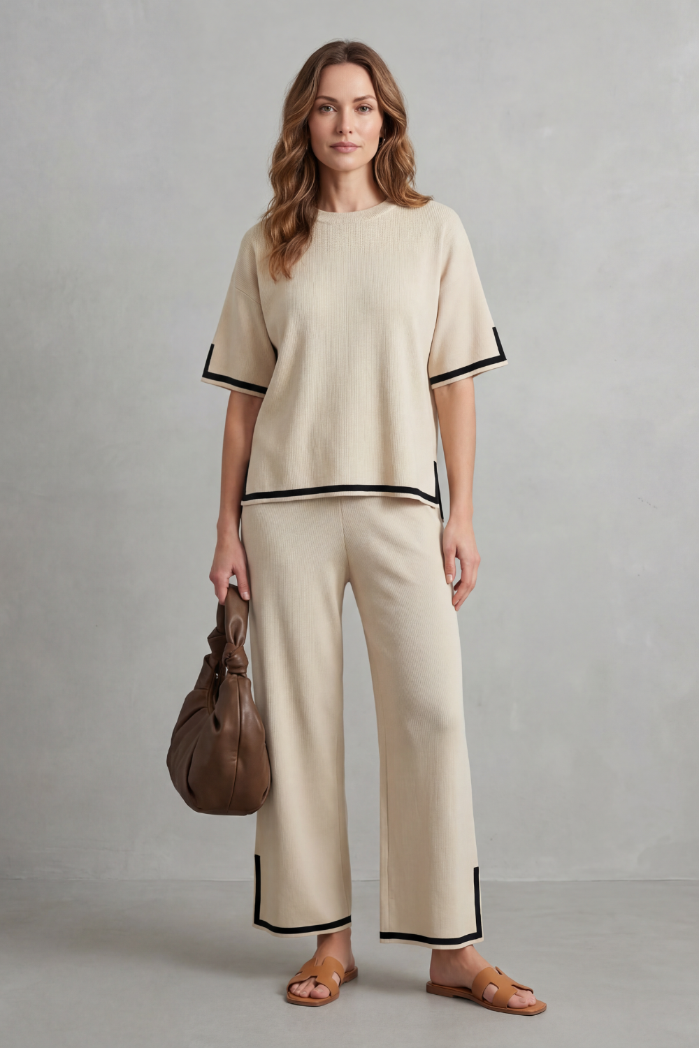 Women's Contrast Trim Knit Top and Trouser Co-ord Set - Elyssande
