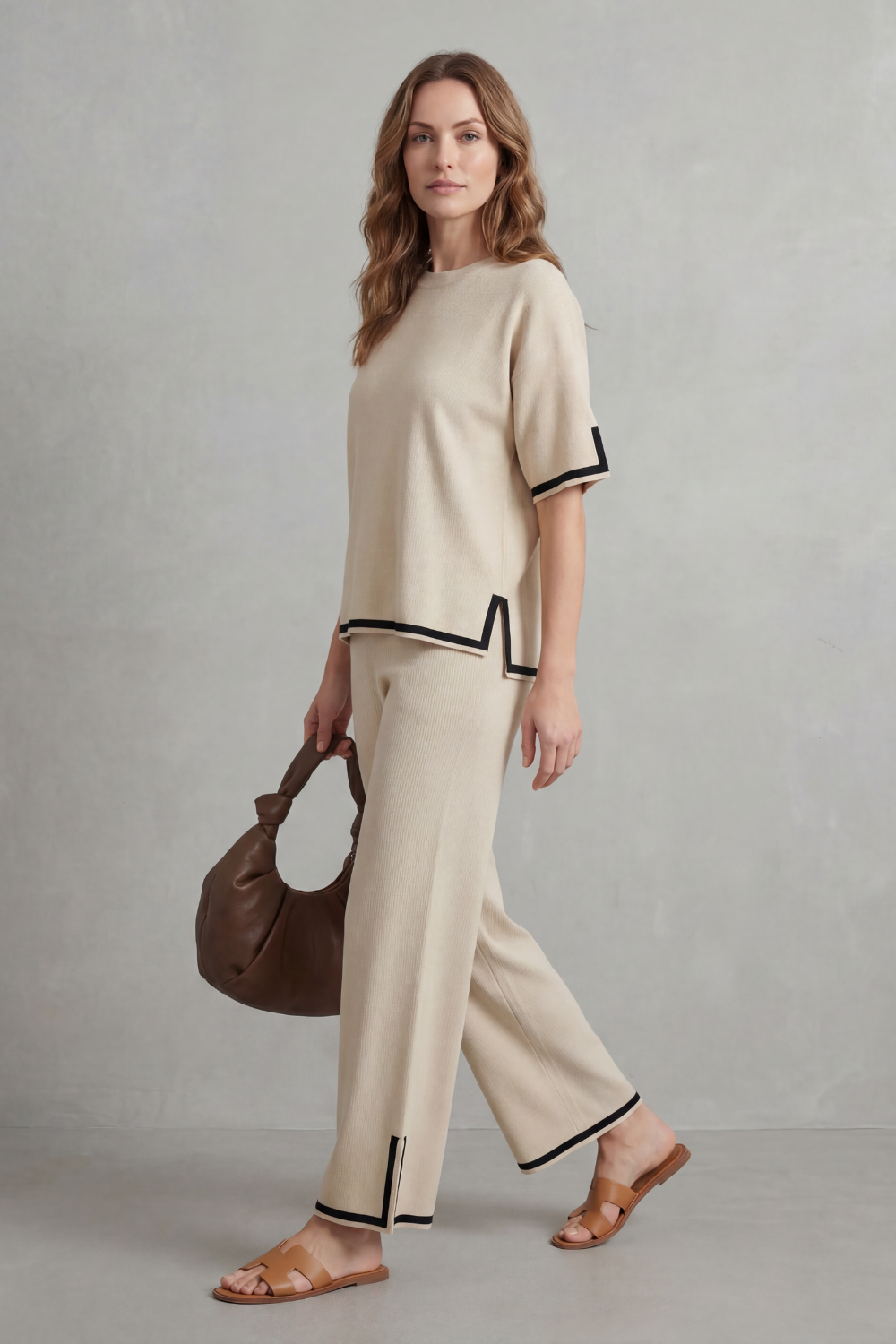 Women's Contrast Trim Knit Top and Trouser Co-ord Set - Elyssande