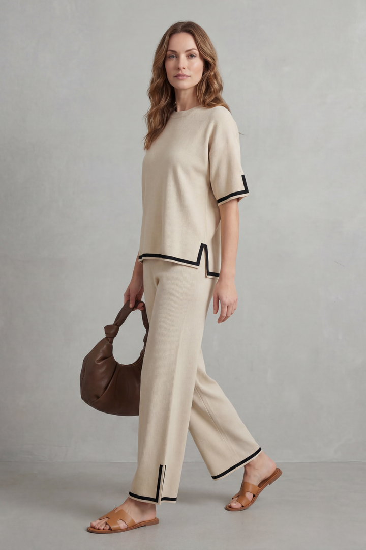 Women's Contrast Trim Knit Top and Trouser Co-ord Set - Elyssande