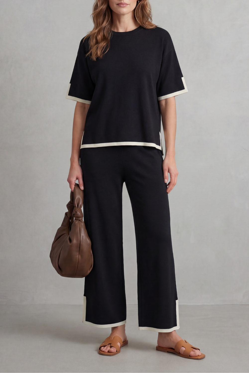 Women's Contrast Trim Knit Top and Trouser Co-ord Set - Elyssande