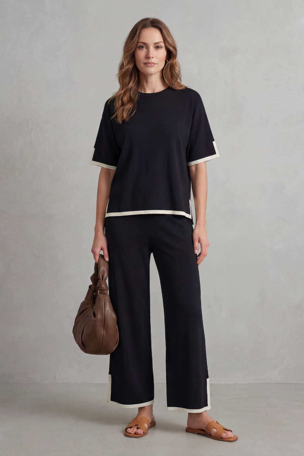 Women's Contrast Trim Knit Top and Trouser Co-ord Set - Elyssande