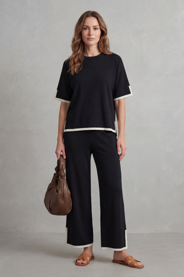 Women's Contrast Trim Knit Top and Trouser Co-ord Set - Elyssande