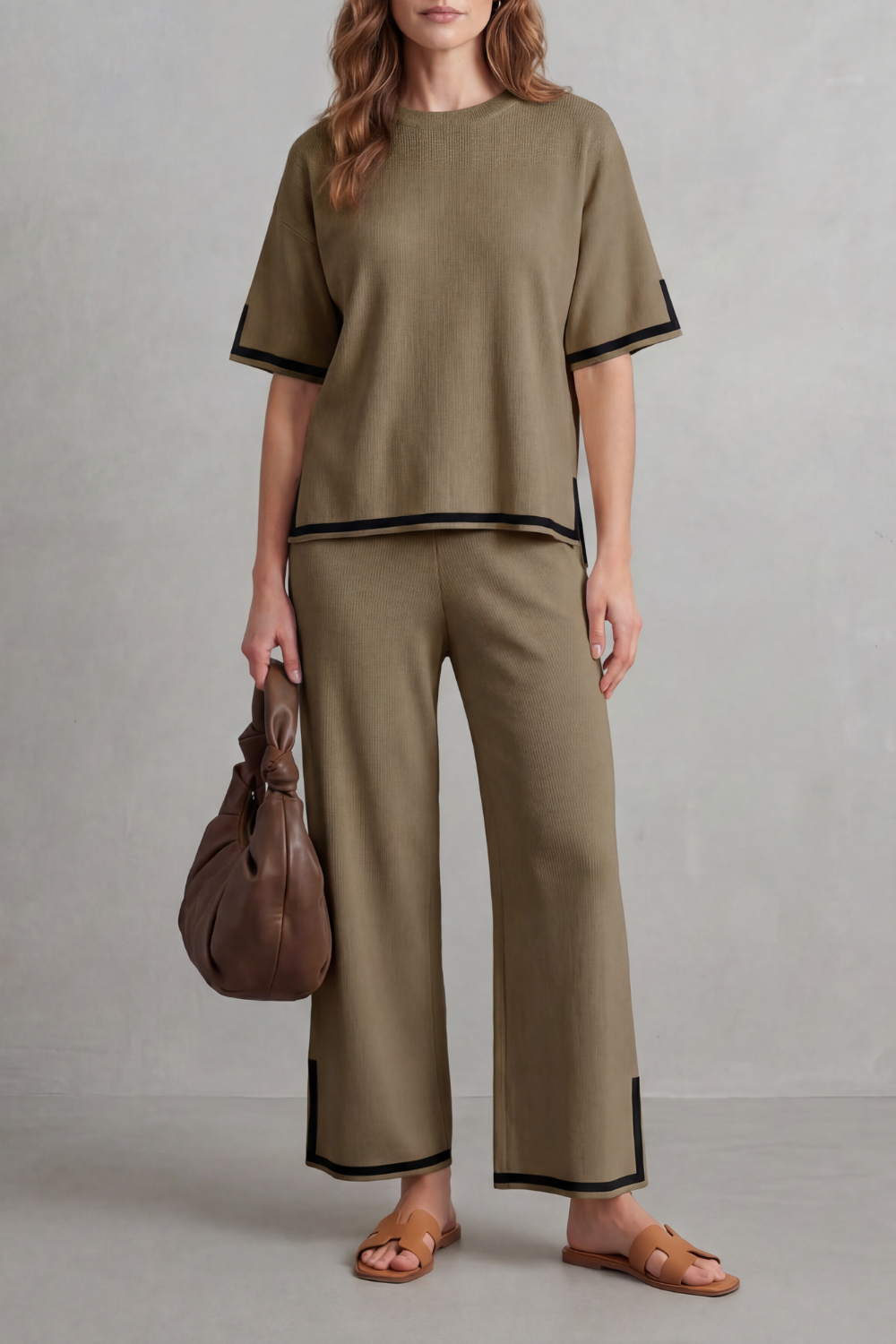 Women's Contrast Trim Knit Top and Trouser Co-ord Set - Elyssande