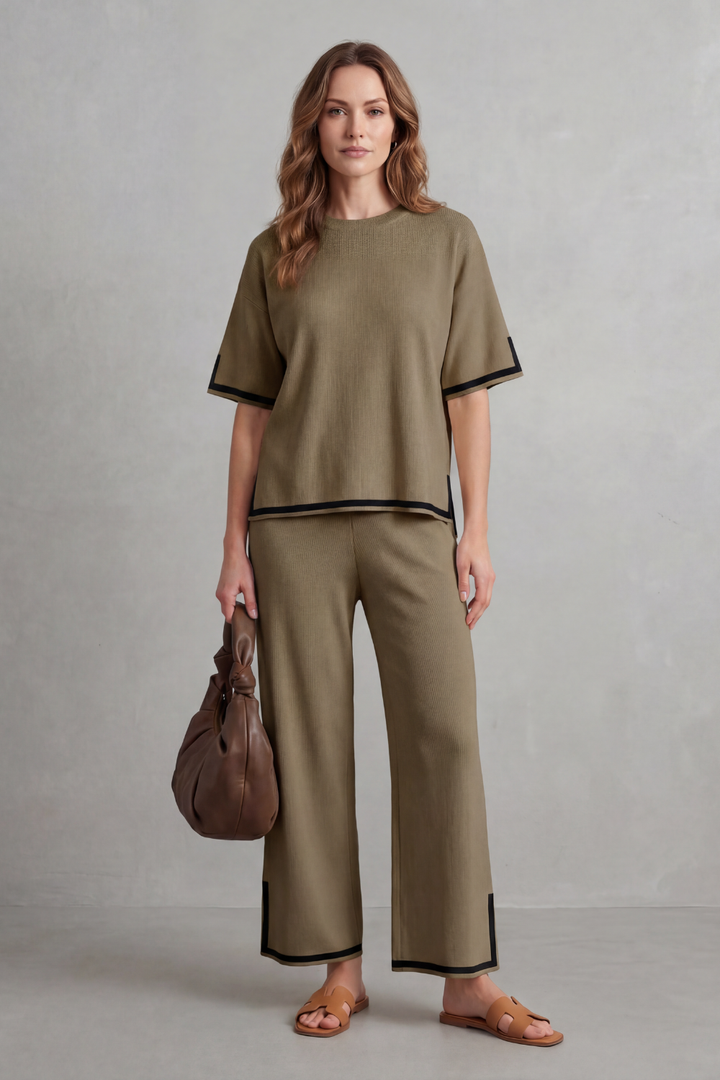 Women's Contrast Trim Knit Top and Trouser Co-ord Set - Elyssande