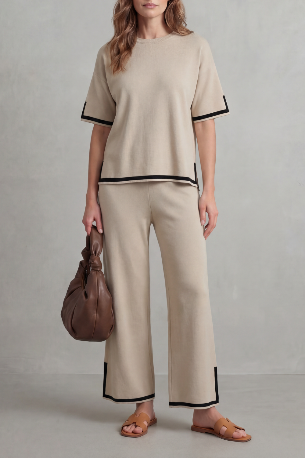 Women's Contrast Trim Knit Top and Trouser Co-ord Set - Elyssande