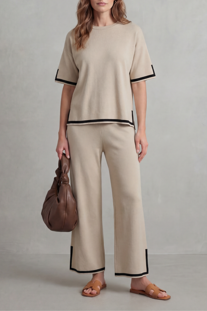 Women's Contrast Trim Knit Top and Trouser Co-ord Set - Elyssande