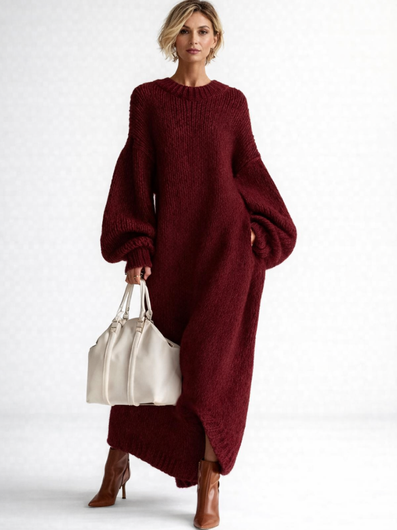 Women's chunky knit maxi jumper dress Avril in Burgundy – front view