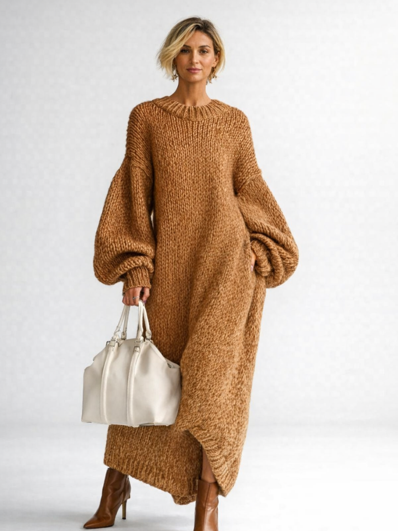 Women's chunky knit maxi jumper dress Avril in Brown – front view