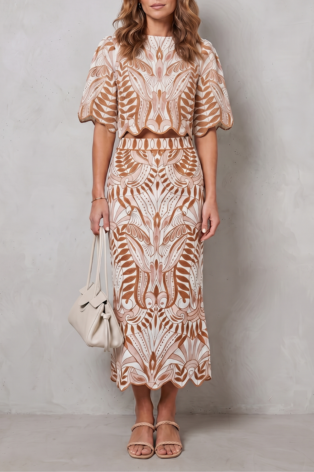 Women's Printed Linen Top and Midi Skirt Co-ord Set - Solvienne