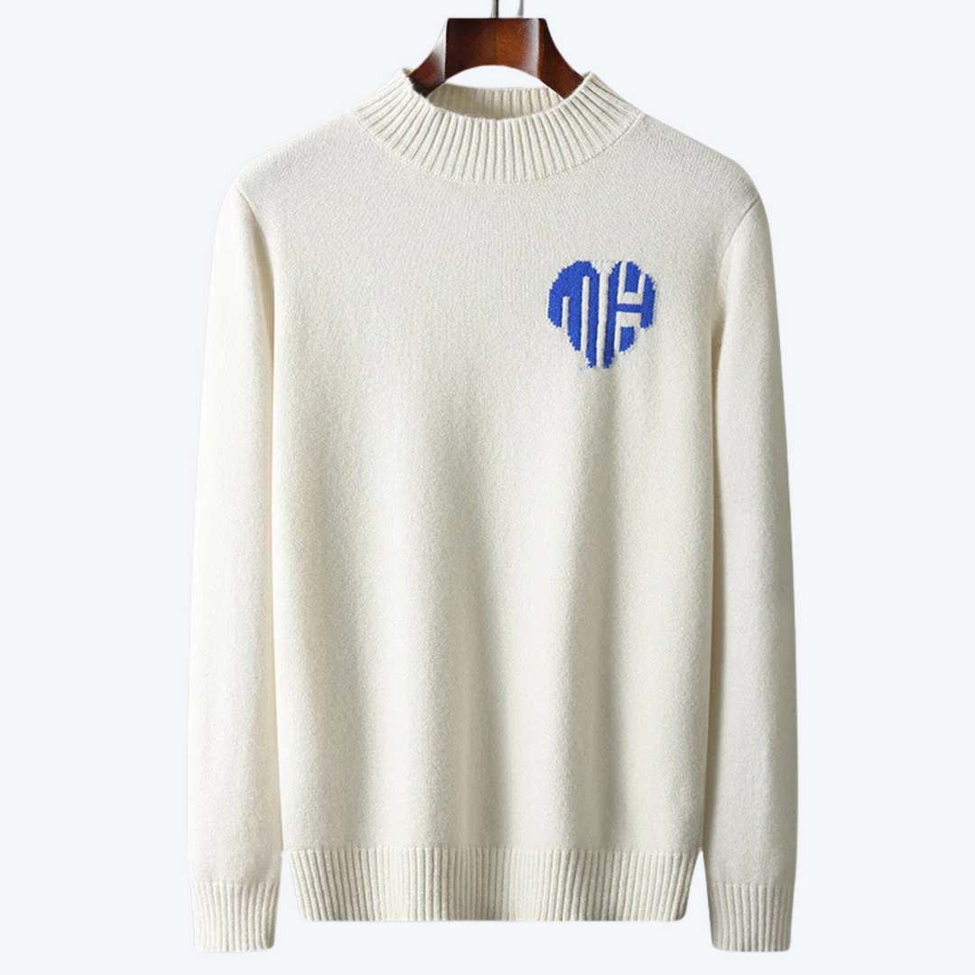Men's soft knit mock neck jumper Ignazio in White with blue heart motif – front view on hanger