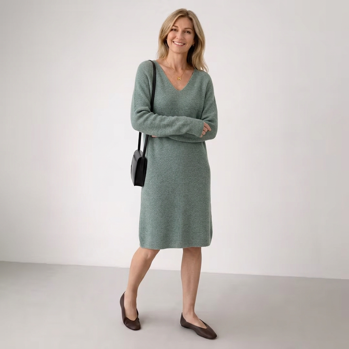 Women's V-neck knit jumper dress Briony in Black – front view