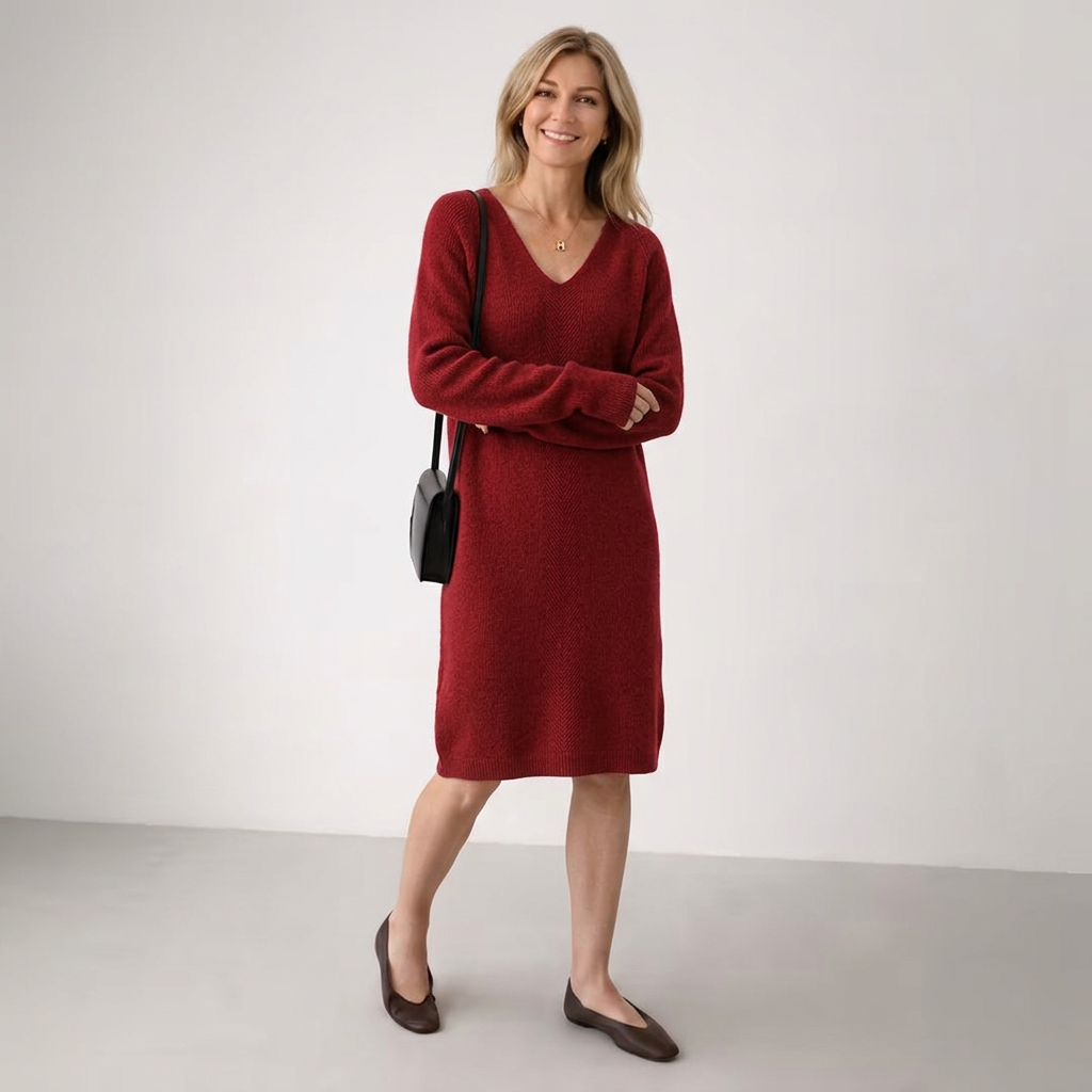 Women's V-neck knit jumper dress Briony in Red – front view