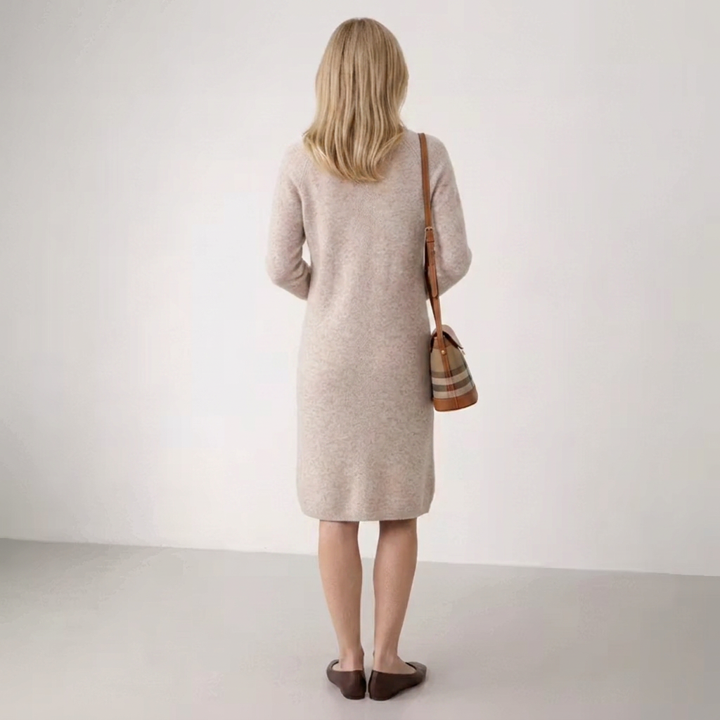 Women's V-neck knit jumper dress Briony in Beige – back view