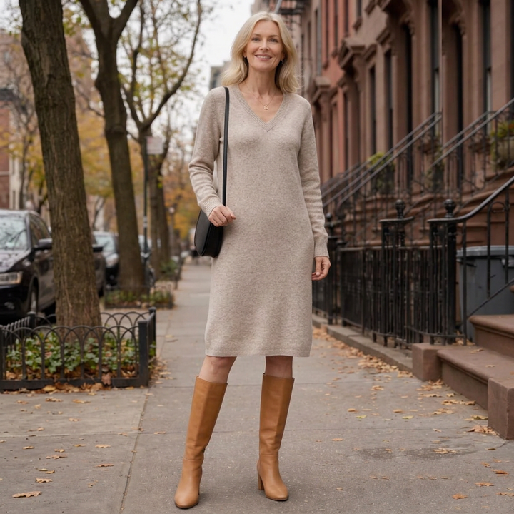 Women's V-neck knit jumper dress Briony in Beige – street style with boots