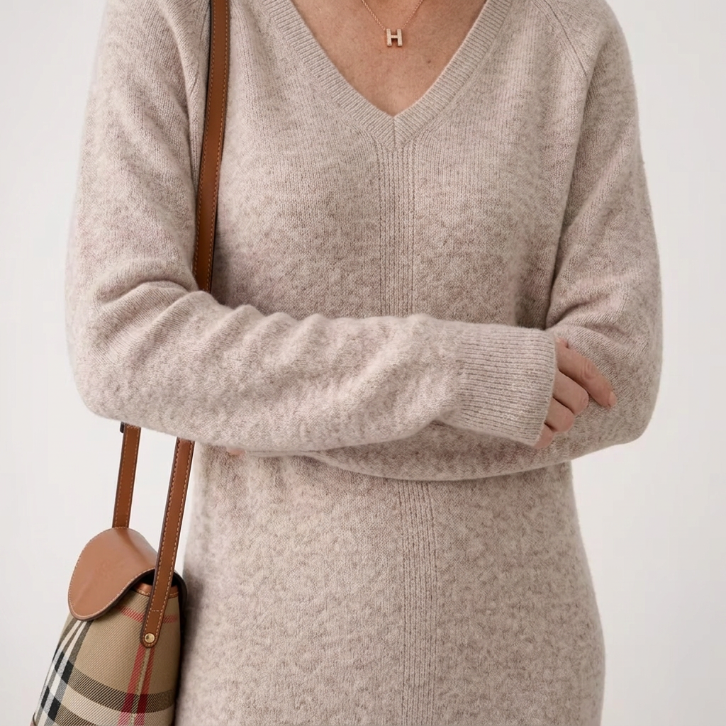 Women's V-neck knit jumper dress Briony in Green – front view