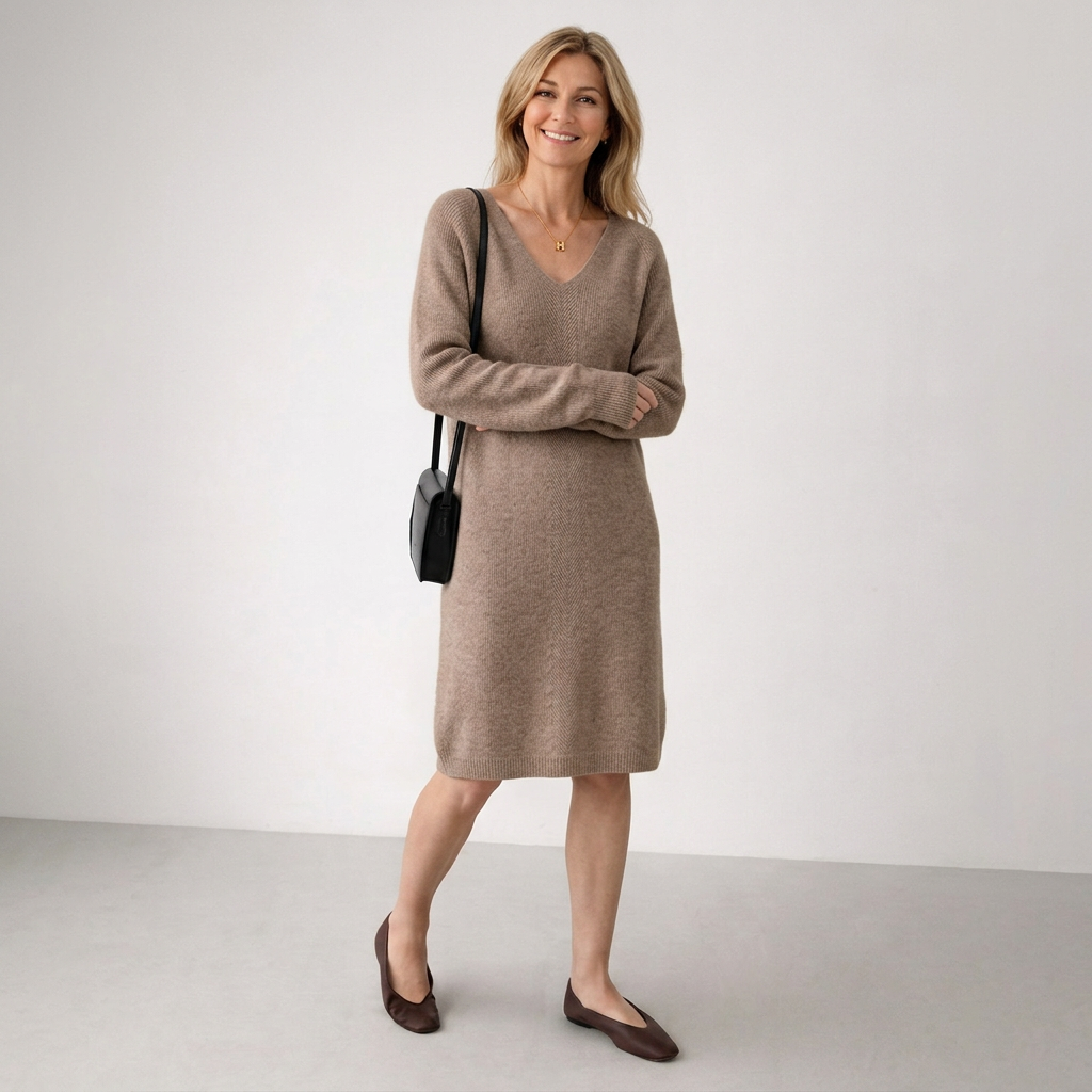 Women's V-neck knit jumper dress Briony in Khaki – front view