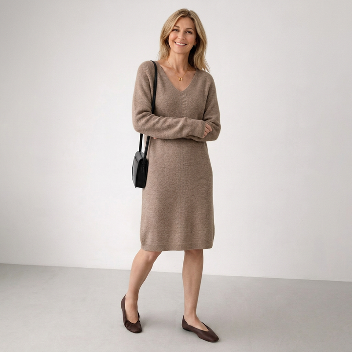 Women's V-neck knit jumper dress Briony in Khaki – front view