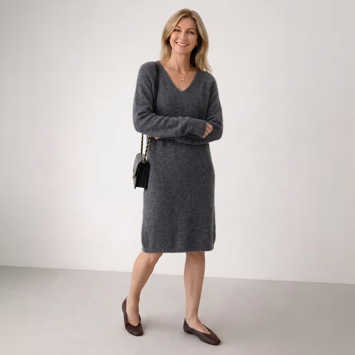 Women's V-neck knit jumper dress Briony in Grey – front view