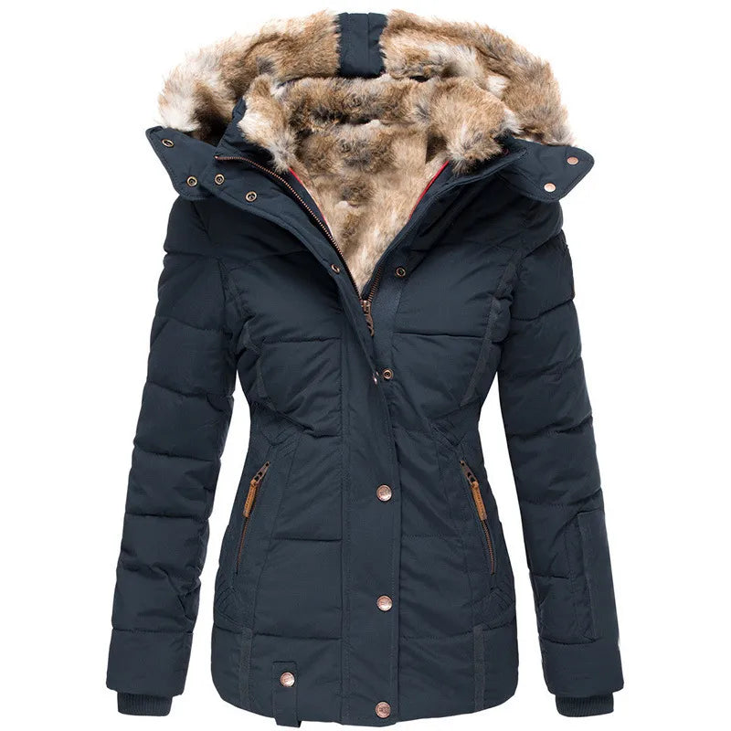 Women's faux fur lined hooded puffer coat Yasmin in Blue – front view