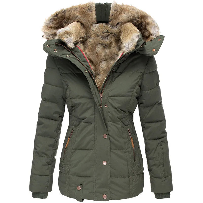 Women's faux fur lined hooded puffer coat Yasmin in Green – front view