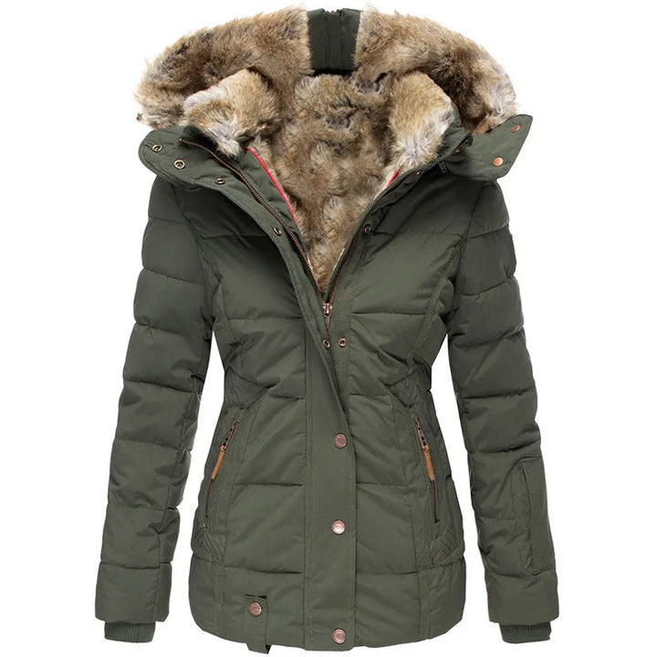 Women's faux fur lined hooded puffer coat Yasmin in Green – front view