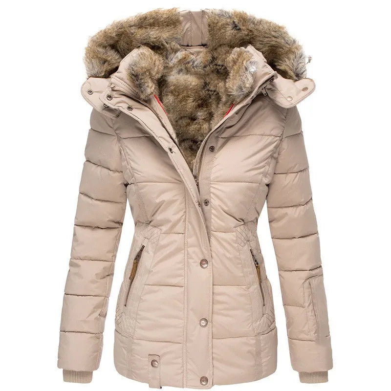 Women's faux fur lined hooded puffer coat Yasmin in Beige – front view