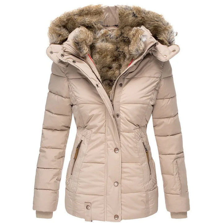 Women's faux fur lined hooded puffer coat Yasmin in Beige – front view