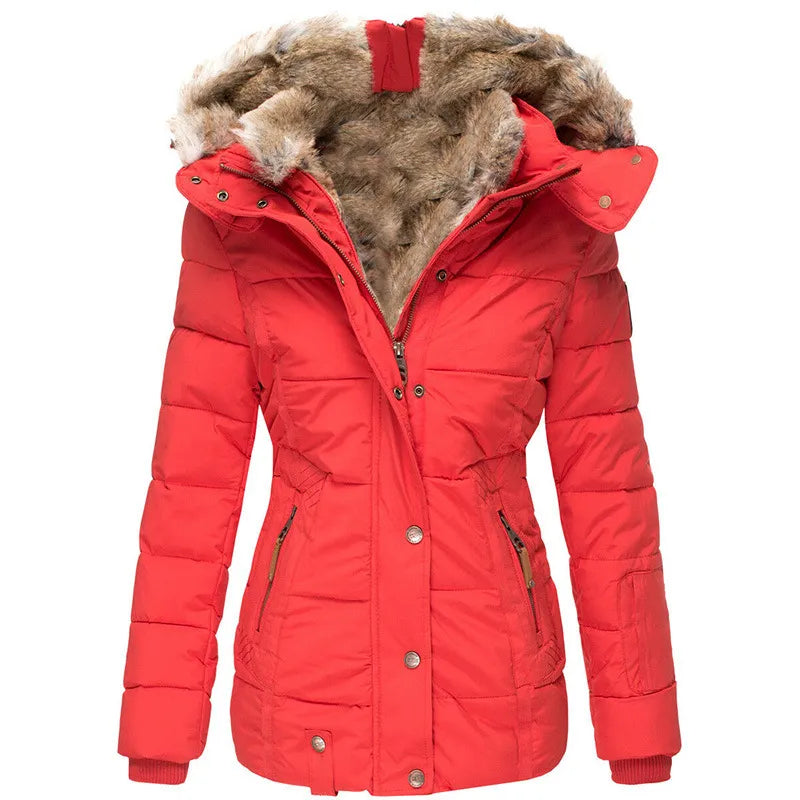 Women's faux fur lined hooded puffer coat Yasmin in Red – front view