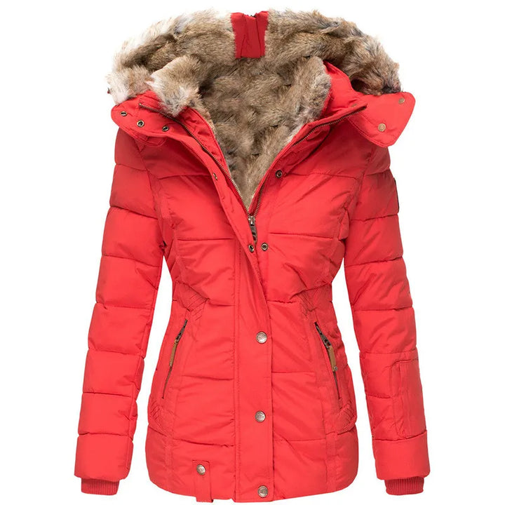 Women's faux fur lined hooded puffer coat Yasmin in Red – front view