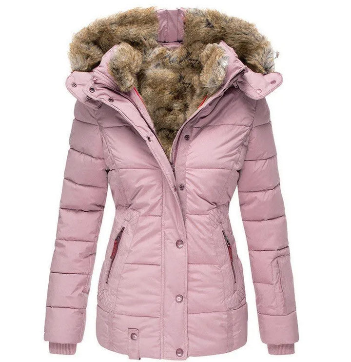 Women's faux fur lined hooded puffer coat Yasmin in Pink – front view