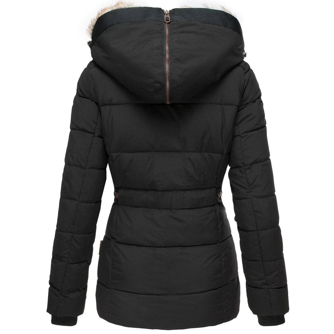 Women's faux fur lined hooded puffer coat Yasmin in Black – back view
