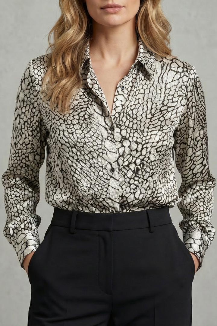 Women's Satin Leopard Print Blouse with V-Neck - Tessarine