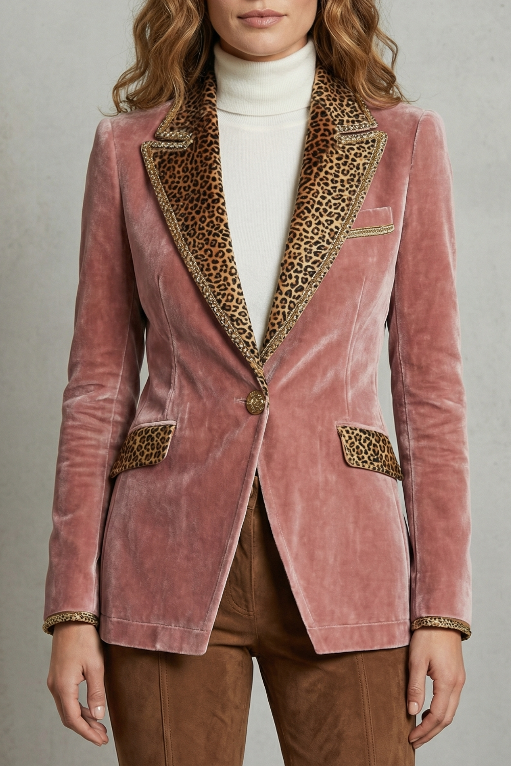 Women's Velvet Blazer with Leopard Print Lapels - Vandrielle