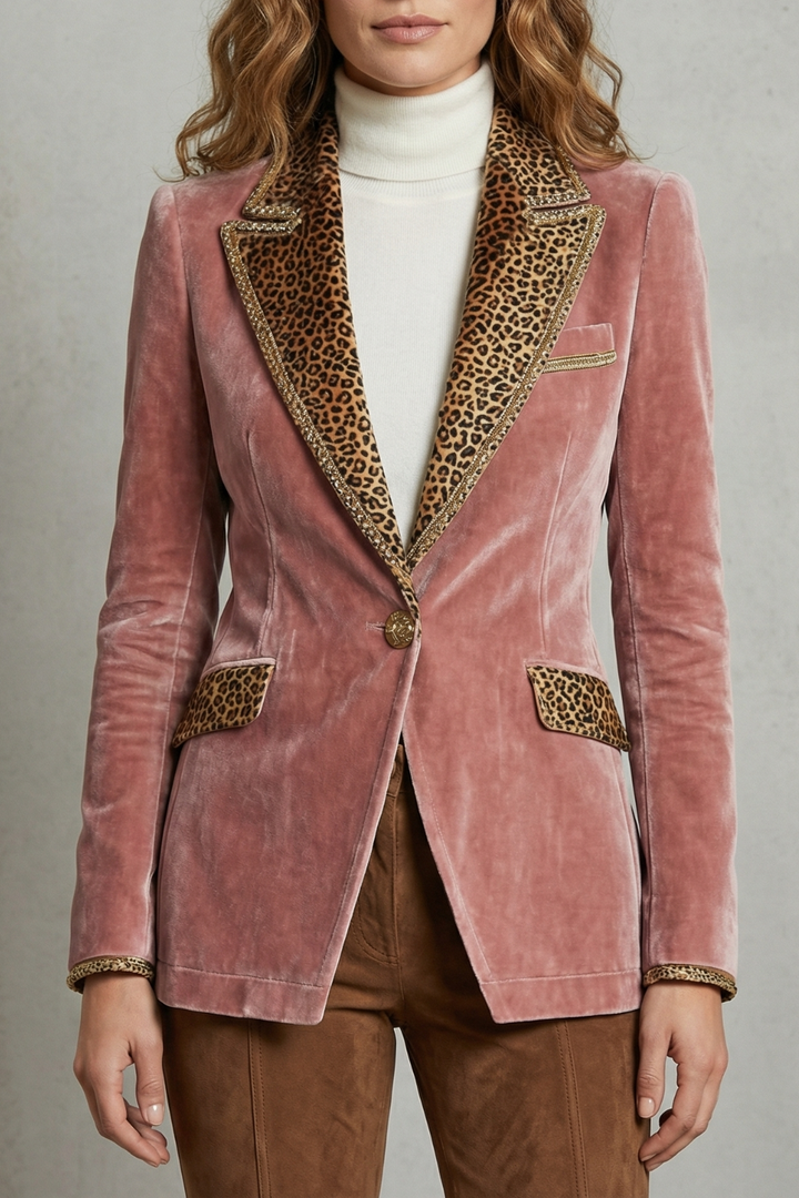 Women's Velvet Blazer with Leopard Print Lapels - Vandrielle