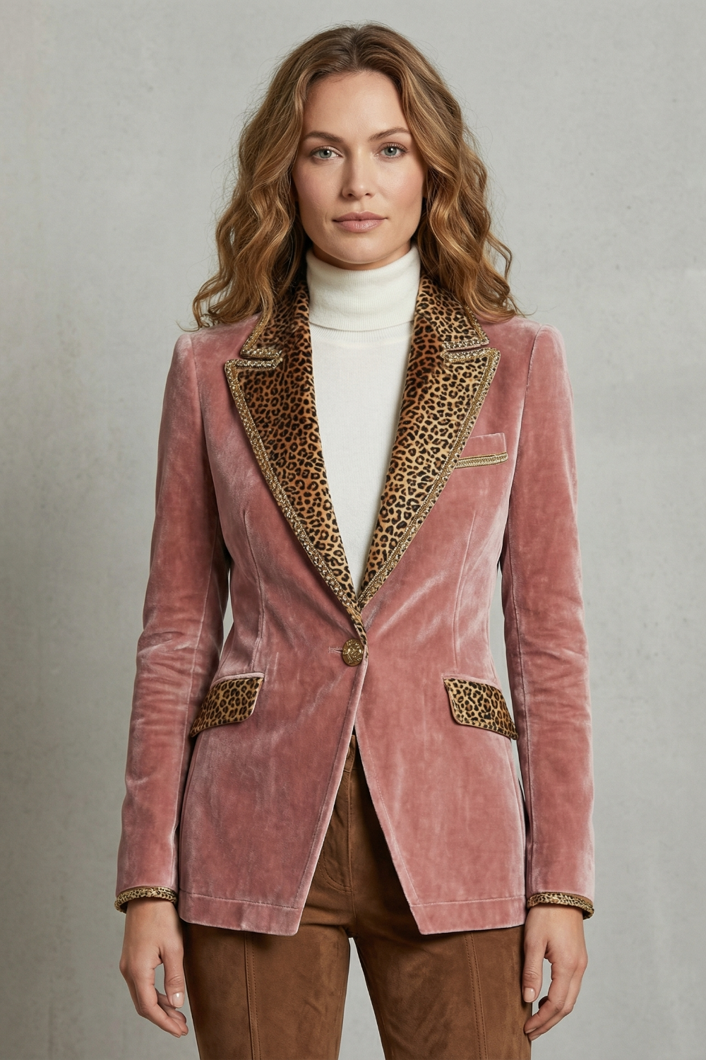 Women's Velvet Blazer with Leopard Print Lapels - Vandrielle