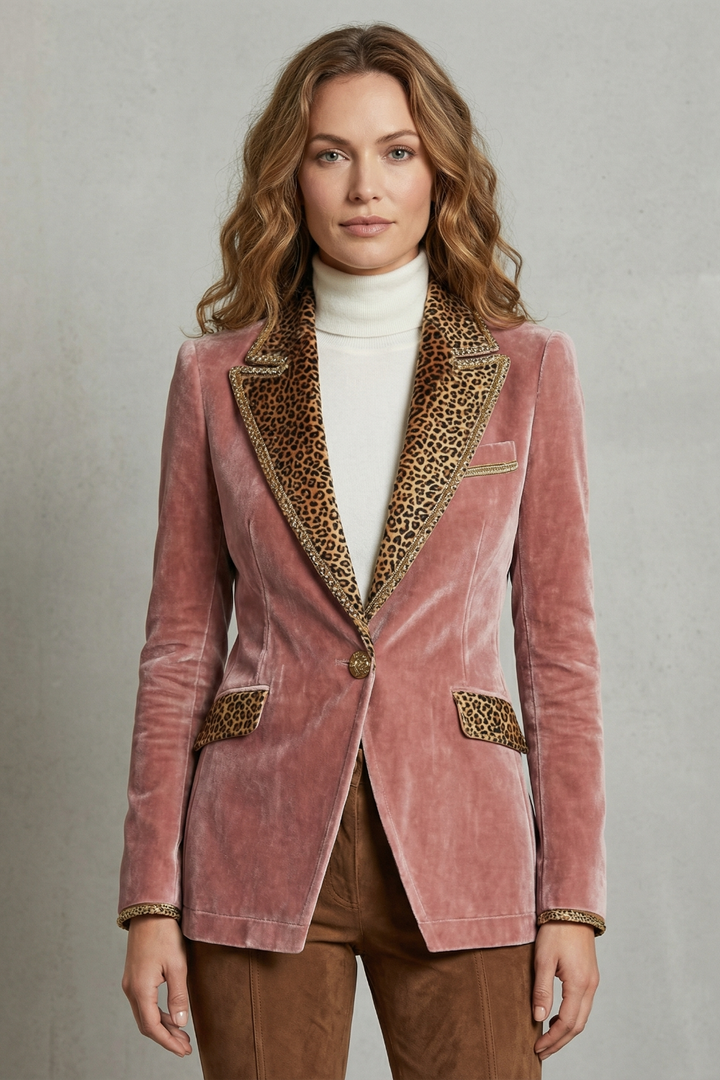Women's Velvet Blazer with Leopard Print Lapels - Vandrielle