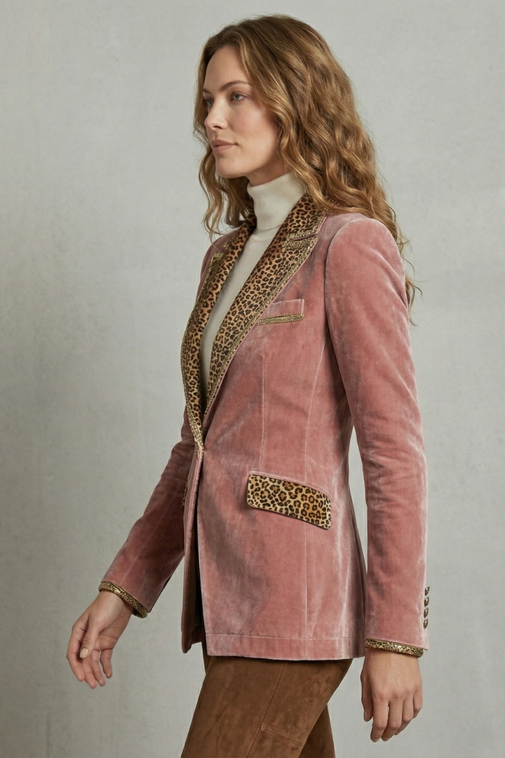 Women's Velvet Blazer with Leopard Print Lapels - Vandrielle