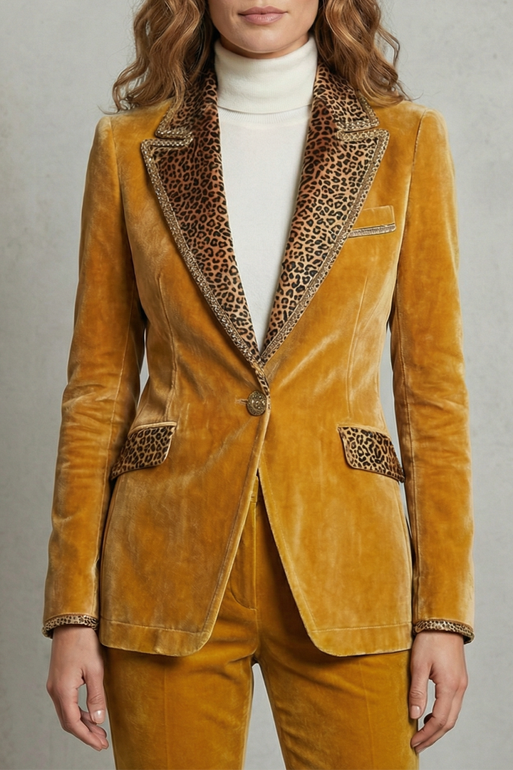 Women's Velvet Blazer with Leopard Print Lapels - Vandrielle