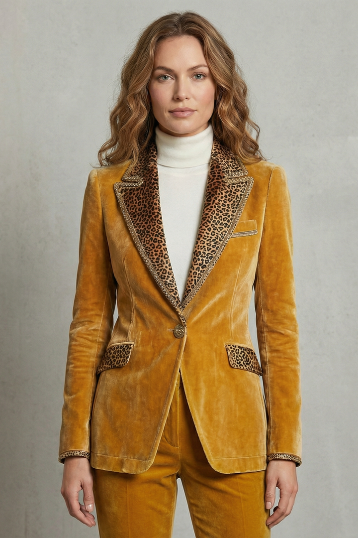 Women's Velvet Blazer with Leopard Print Lapels - Vandrielle